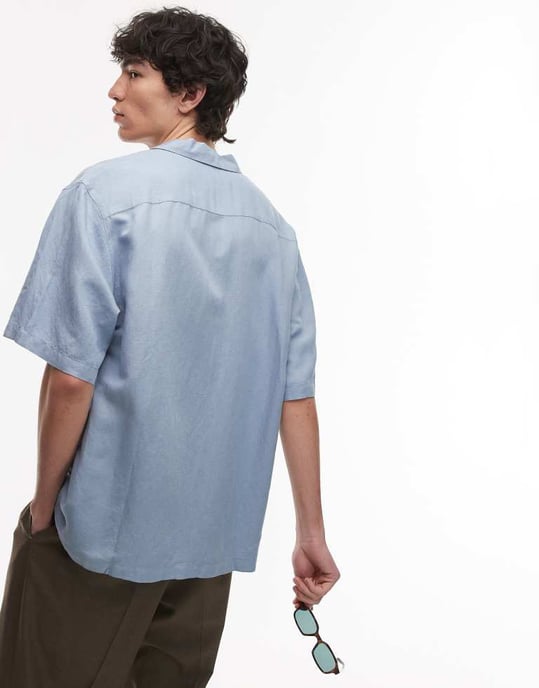 Topman regular fit kortärmad skjorta i linneblandning i ljusblått - Image 3