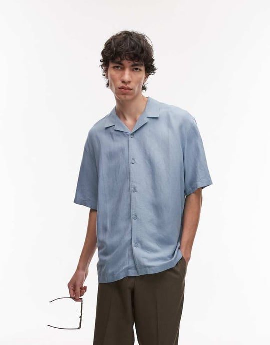 Topman regular fit kortärmad skjorta i linneblandning i ljusblått - Image 4