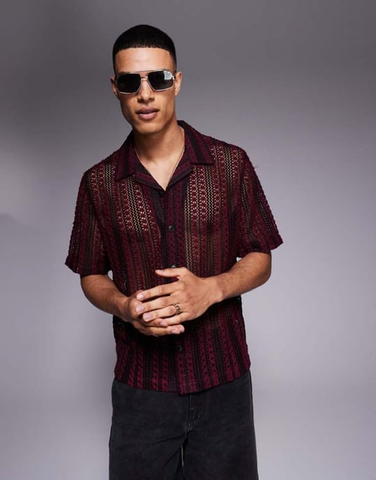 ASOS DESIGN boxy revere virkad skjorta i vinröd och svart rand - Image 1