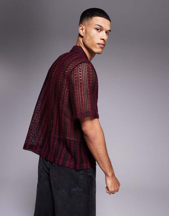 ASOS DESIGN boxy revere virkad skjorta i vinröd och svart rand - Image 2