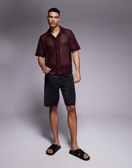 ASOS DESIGN boxy revere virkad skjorta i vinröd och svart rand - Image 4