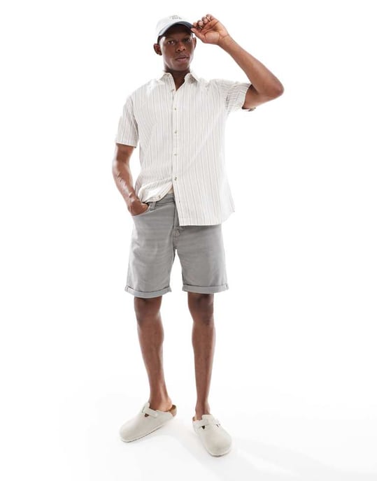Jack & Jones oxford randig kortärmad skjorta i beige - Image 3