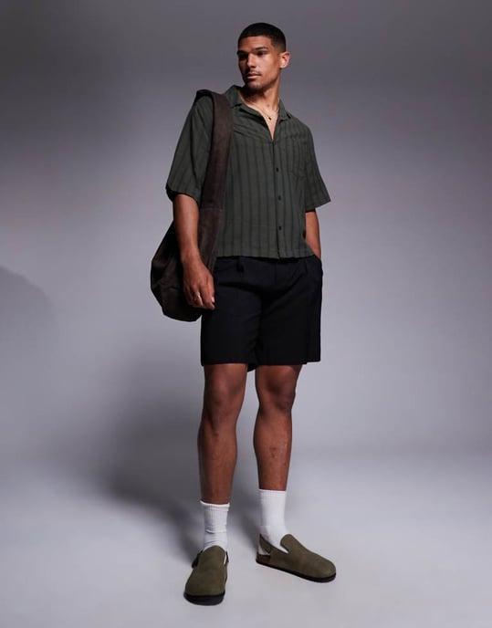 ASOS DESIGN boxy revere broderie skjorta i grön rand - Image 3