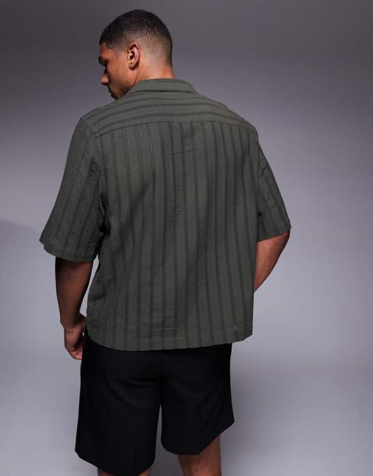 ASOS DESIGN boxy revere broderie skjorta i grön rand - Image 4