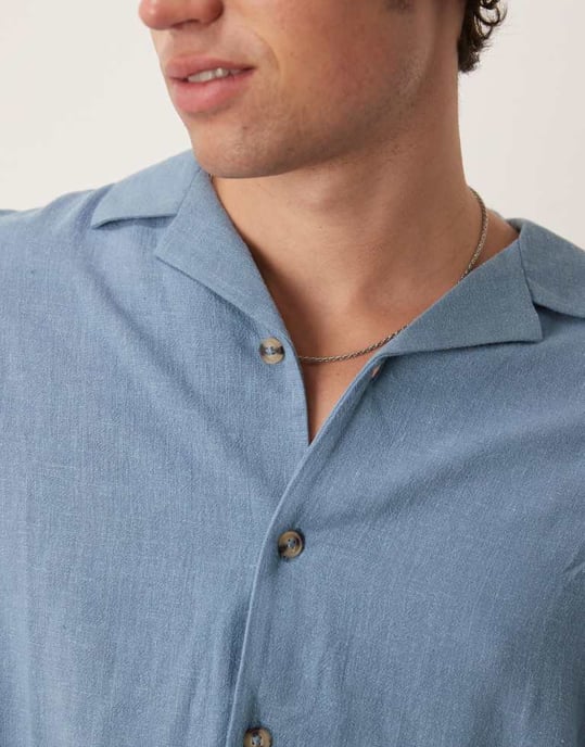 ASOS DESIGN boxy oversized skjorta i linneblandning med revers i blått - Image 2