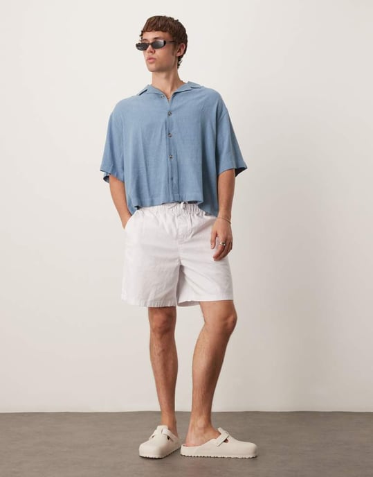 ASOS DESIGN boxy oversized skjorta i linneblandning med revers i blått - Image 3