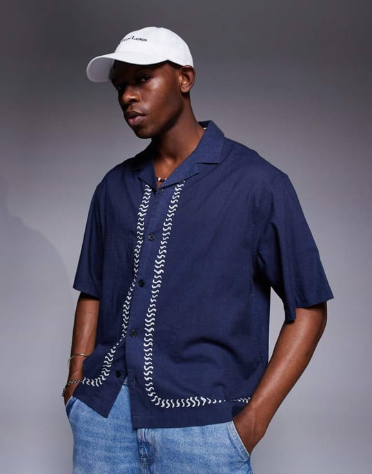 ASOS DESIGN boxig oversized skjorta med kanttryck i marinblått - Image 2