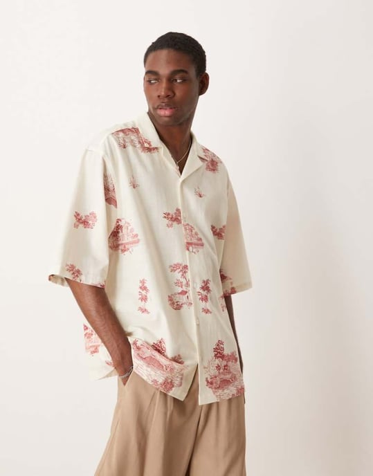 ASOS DESIGN oversized kavajskjorta med landskapsmotiv i beige - Image 1