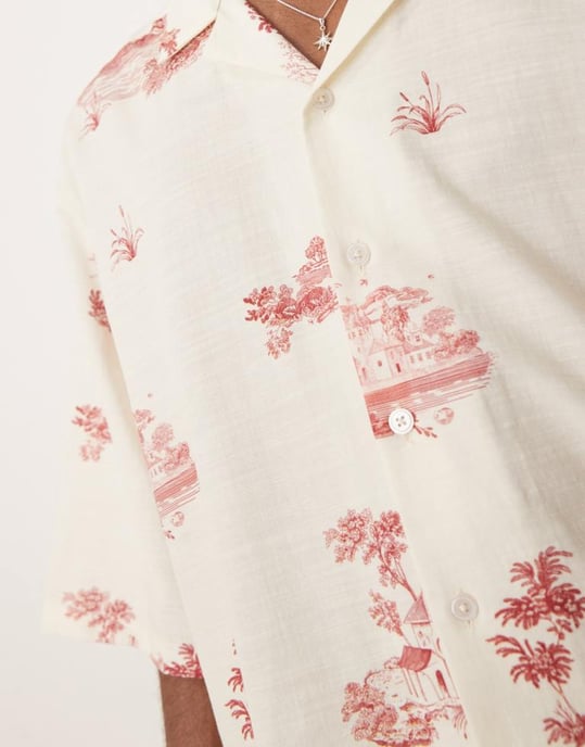 ASOS DESIGN oversized kavajskjorta med landskapsmotiv i beige - Image 2