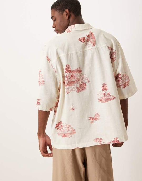 ASOS DESIGN oversized kavajskjorta med landskapsmotiv i beige - Image 4