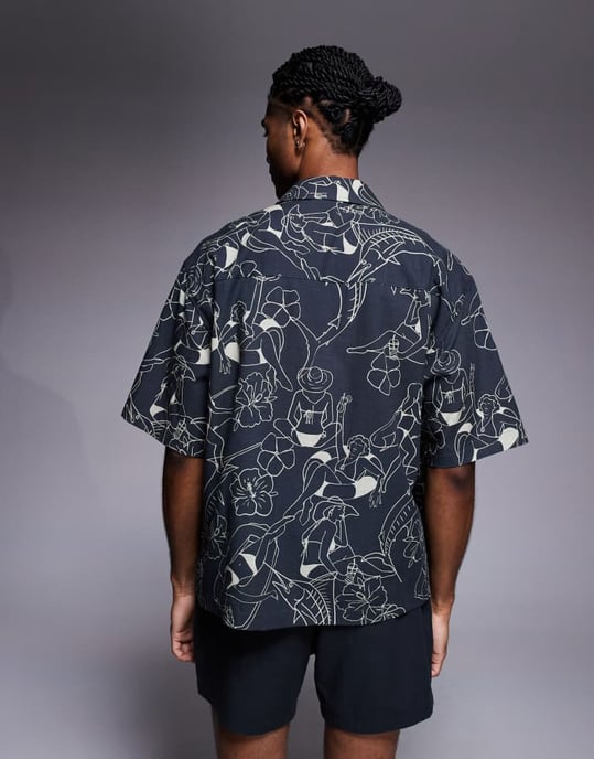 ASOS DESIGN boxy co-ord oversized skjorta i svart sommartryck - Image 3