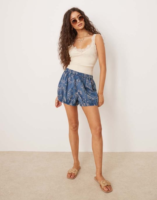 ASOS DESIGN bloomer-shorts med blommönster i tvättad marinblå - Image 2