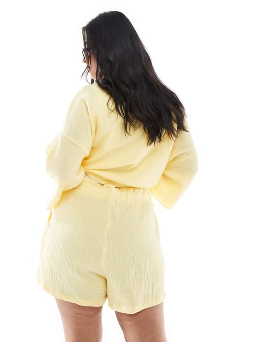 Vero Moda Curve texturerade shorts-set i ljusgul - Image 3
