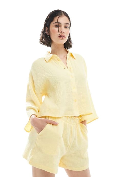 Vero Moda strukturerade shorts-set i ljusgul - GUL - Image 2