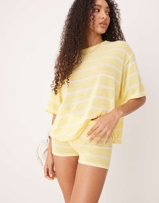 ASOS DESIGN stickad mikro shorts-set i randig gul och vit - Image 3