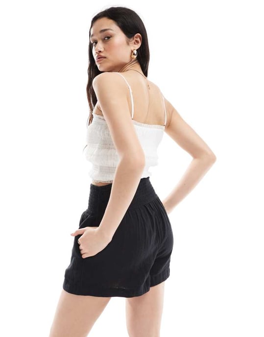 ASOS DESIGN shorts med elastisk midja i texturerad bomull i svart - Image 3