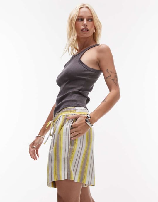 Topshop högmidjade linne strandshorts i gulrandig - Image 2