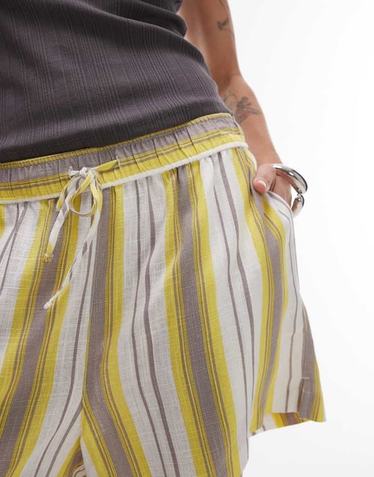 Topshop högmidjade linne strandshorts i gulrandig - Image 3