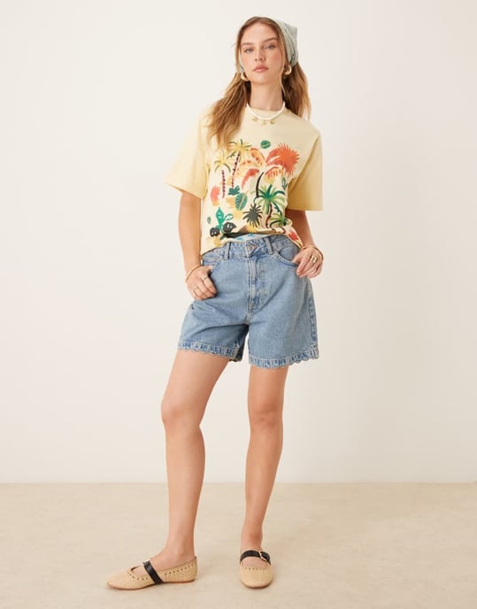 ASOS DESIGN denimshorts med scallopdetalj i mellanblå - Image 2