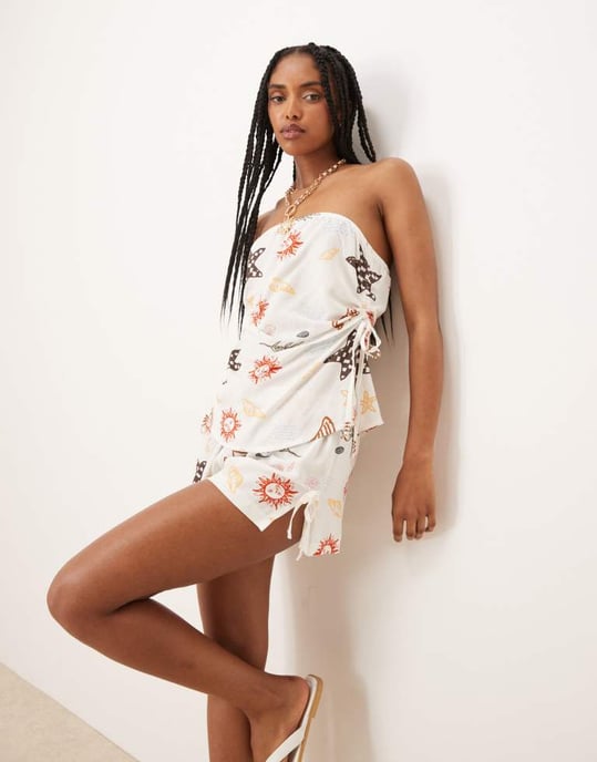 ASOS DESIGN linneblandning knytshorts med semestertryck koord - Image 2
