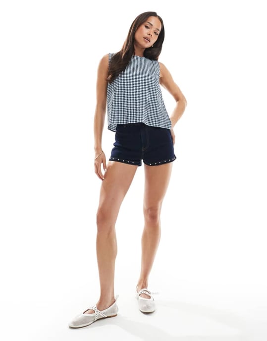 ASOS DESIGN denim mikrort co-ord med nitar i indigo - Image 3