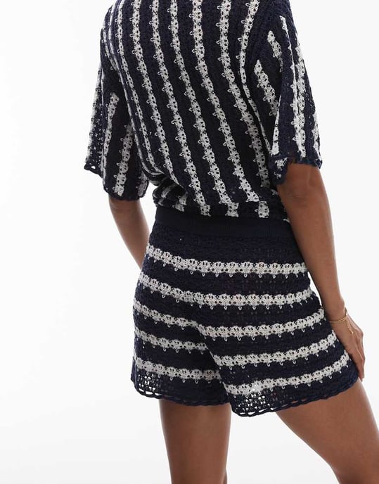 Topshop stickad randig koordshorts i blått och elfenben - Image 2