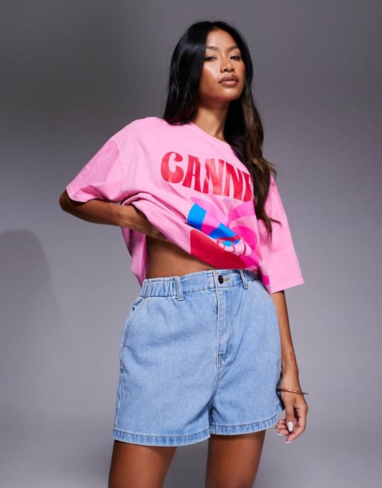 Missyempire denim elastiska papperspåse hög midja shorts i ljusblå - Image 2