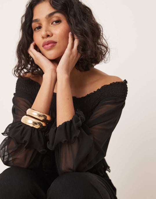 ASOS DESIGN bardot rynkad långärmad topp i svart - Image 2