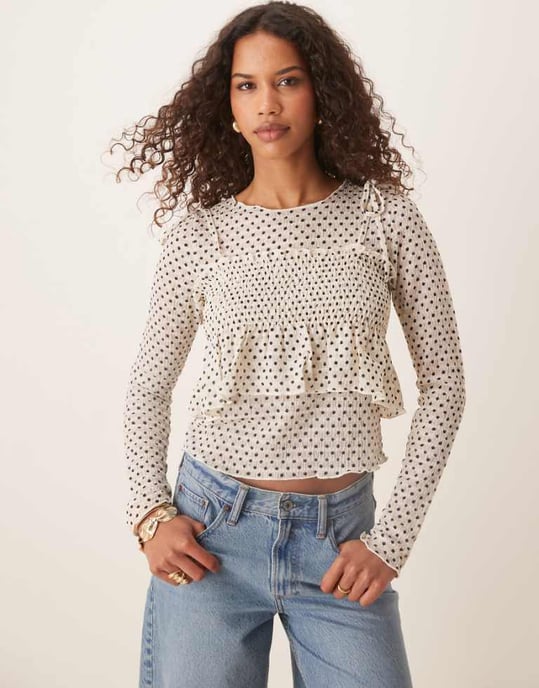 ASOS DESIGN långärmad topp med spagettibandsoverlägg i prickmönster - Image 1
