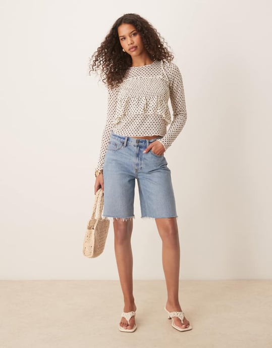 ASOS DESIGN långärmad topp med spagettibandsoverlägg i prickmönster - Image 2