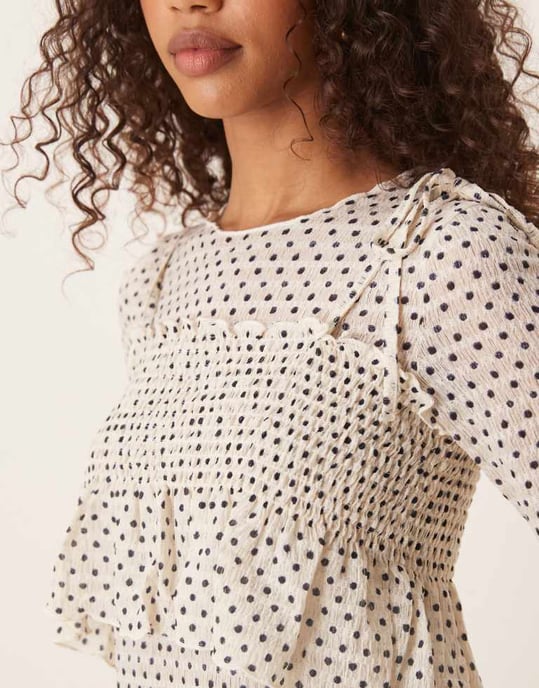 ASOS DESIGN långärmad topp med spagettibandsoverlägg i prickmönster - Image 3