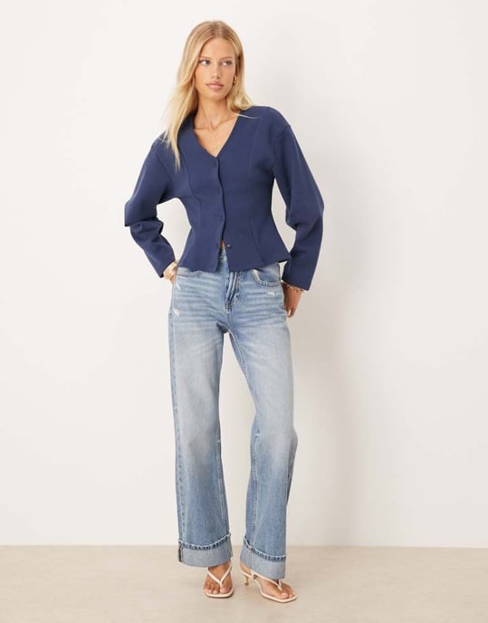 ASOS DESIGN rundad kokongärmad knapp-up koord topp i marinblå - Image 2