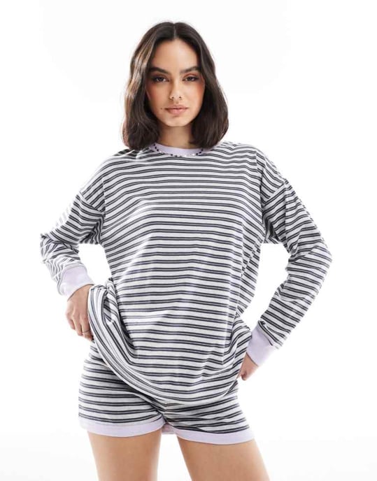 Cotton On randig långärmad loungedel i svart och grått - Image 1