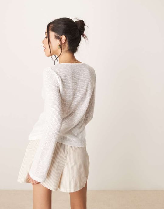 ASOS DESIGN stickad look slips-fram långärmad topp i krämfärg - Image 4