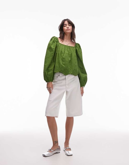 Topshop cutsömn långärmad topp i grön - Image 2