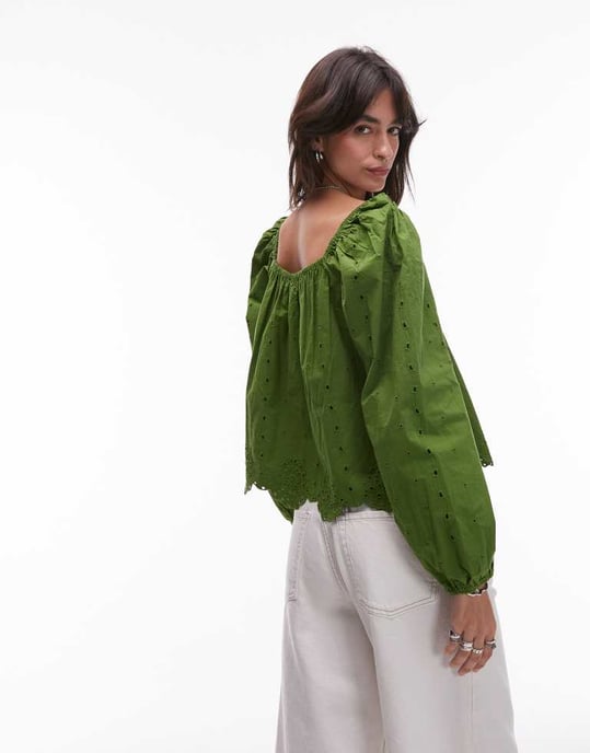 Topshop cutsömn långärmad topp i grön - Image 3