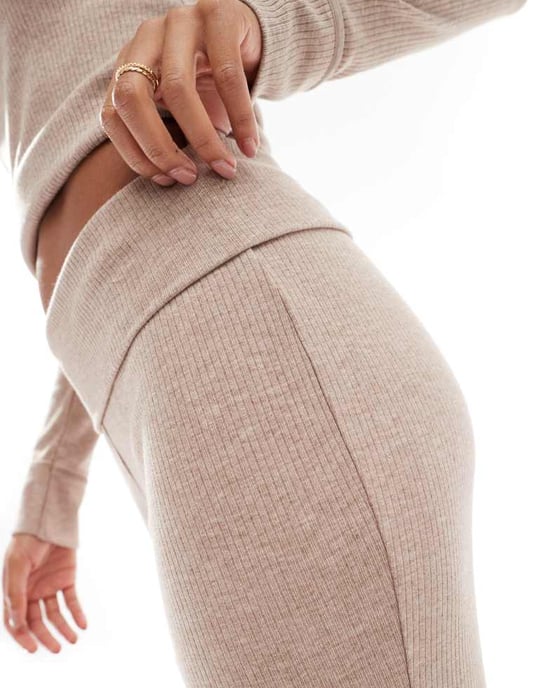 ASOS DESIGN mix & match rib fold over pyjama trouser in light brown - Image 2