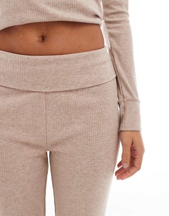 ASOS DESIGN mix & match rib fold over pyjama trouser in light brown - Image 4