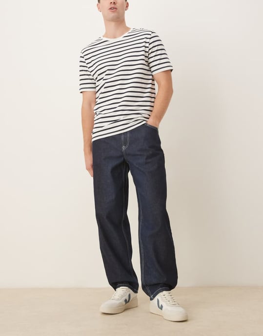 ASOS DESIGN koord lös rak jeans i indigo med ecrufärgade sömmar - Image 1