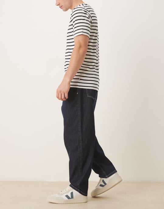 ASOS DESIGN koord lös rak jeans i indigo med ecrufärgade sömmar - Image 2