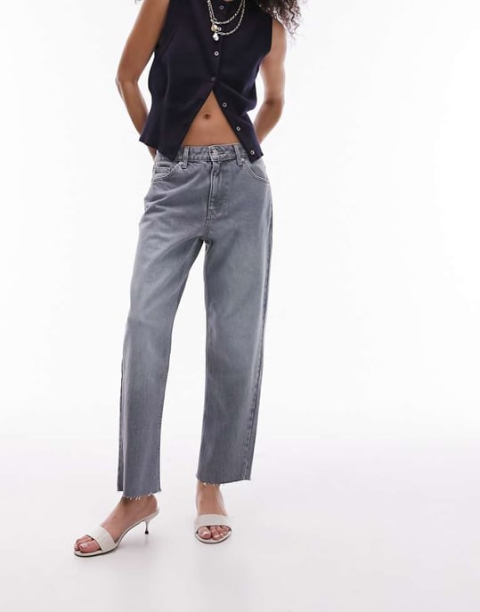 Topshop mid rise straight cropped jean with raw hems in cloudy green - Image 1