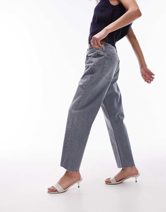 Topshop mid rise straight cropped jean with raw hems in cloudy green - Image 4