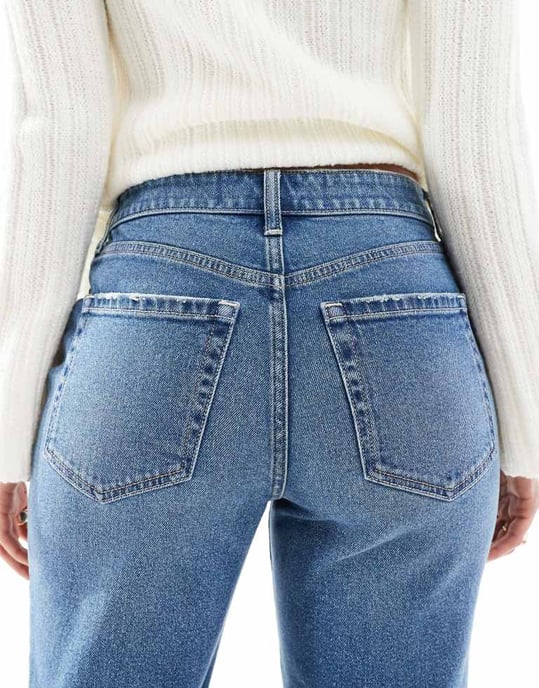 Hollister hög midja rak ben jeans i medelmörk - Image 4