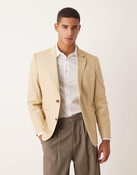 ASOS DESIGN slim bomull- och linneblandning kavaj i sten - Image 1