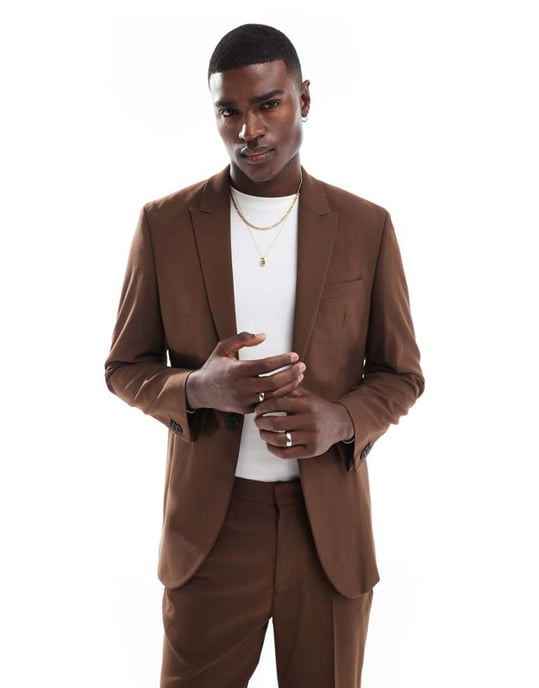 ASOS DESIGN regular kostymjacka i brun twill - Image 1