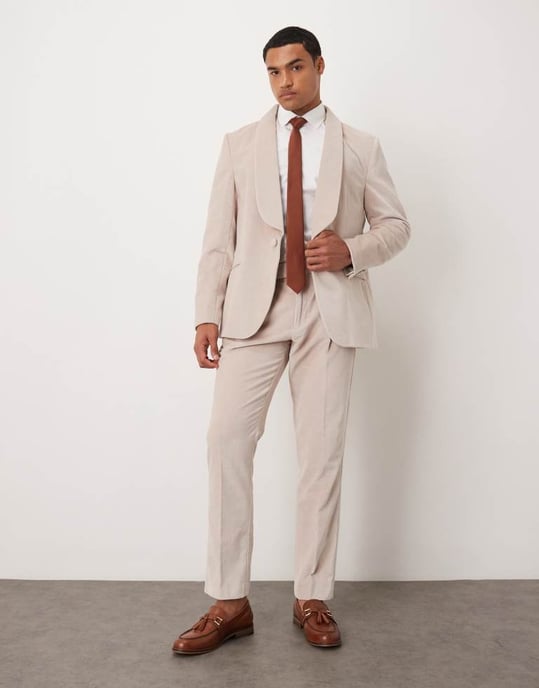 ASOS DESIGN sommarvikt bomullsvelvet smal blazer i beige - Image 2