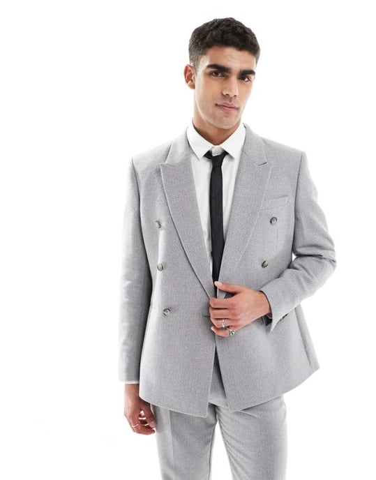 ASOS DESIGN kavaj i grått korgmönster med dubbelknäppning i ullblandning - Image 1