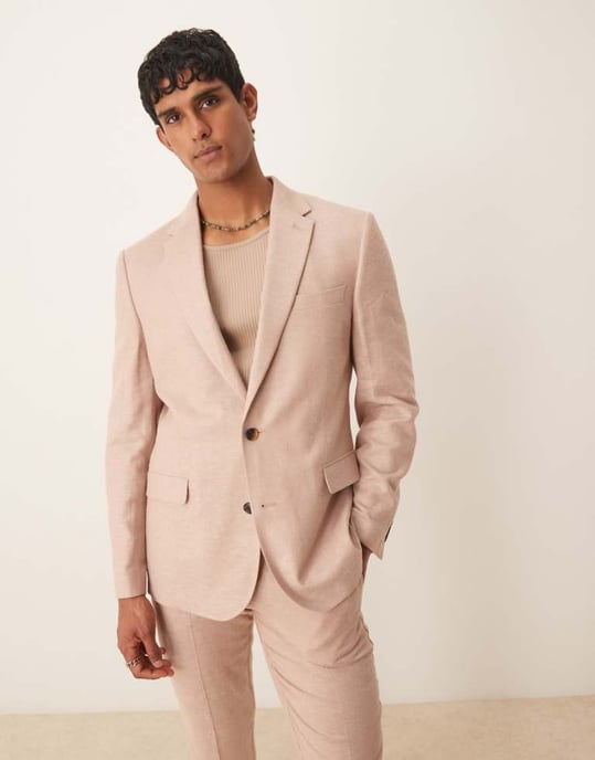 ASOS DESIGN slim linne herringbone kostymjacka i sten - Image 1