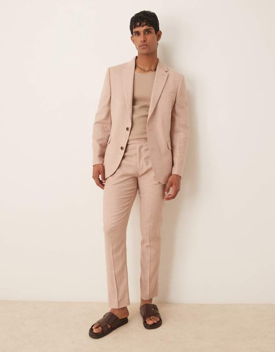 ASOS DESIGN slim linne herringbone kostymjacka i sten - Image 3