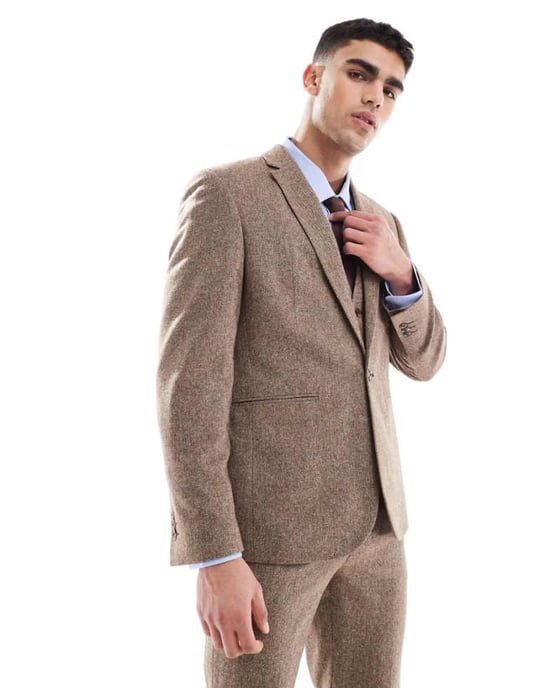 ASOS DESIGN smal ullblandning kavaj i beige - Image 1